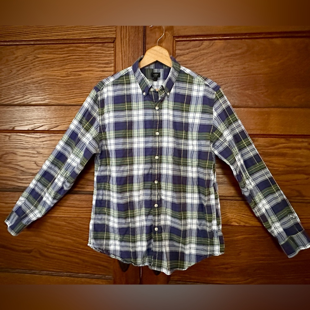 J. Crew Men's Plaid Shirt - Blue, Green, and White